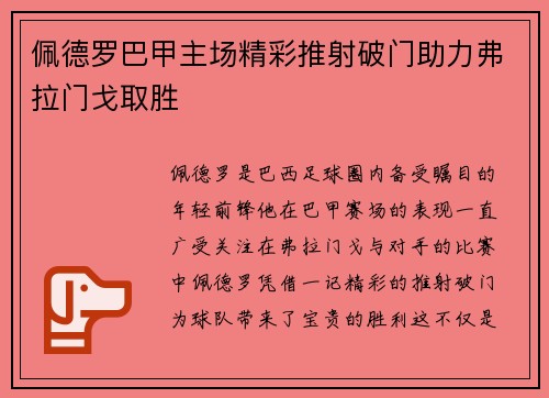 佩德罗巴甲主场精彩推射破门助力弗拉门戈取胜 佩德罗巴甲主场精彩推射破门助力弗拉门戈取胜